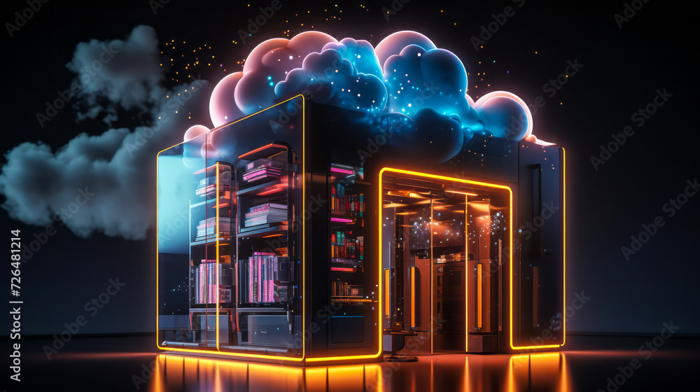 Poster conceptual visualization of cloud computing with neon cloud design and server rack, highlighting dat