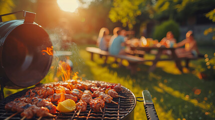 Summer Barbecue with Friends Outdoors, summer barbecue scene with sizzling meats on the grill and a group of friends gathered at a table in the background