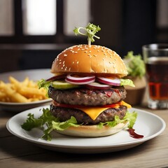 Classic hamburger stock photo, Fresh tasty burger in plate
