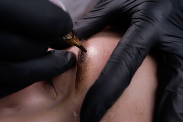 Macro photo of beautiful permanent makeup that is performed by a master making pigment into the...