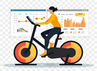 girl cycling at home, exercise clipart illustration of a girl on bike fitting, person riding a bicycle, Caucasian woman in bicycle flat color vector detailed character. Girl on bike - obrazy, fototapety, plakaty