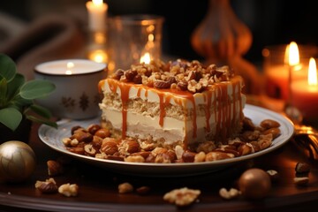 Obraz na płótnie Canvas Delicious caramel cake and peanuts with peanuts and caramel bullets, upper view, generative IA