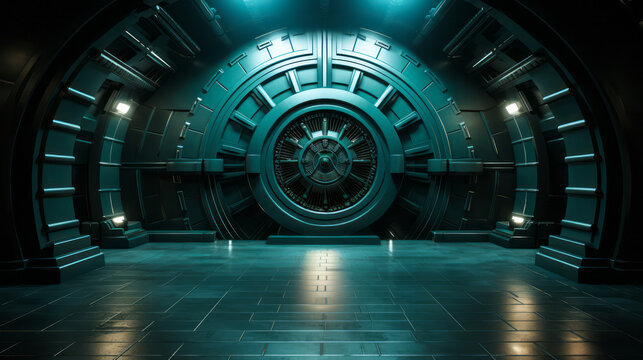 Massive Vault Door in a Dark Room, Depicting Security and Safety in a Bank or Secure Facility with a Futuristic and Impenetrable Design