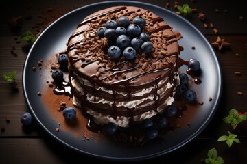 Delicious chocolate cake with chocolate drops, upper view, generative IA