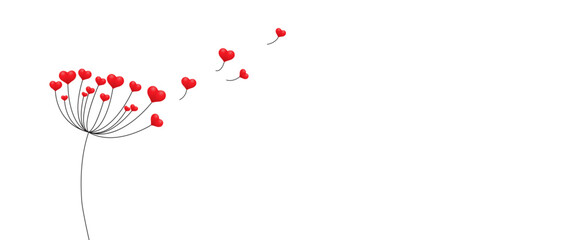 Dandelion with hearts. Happy Valentine's day greeting card. Lovely romance flower. Congratulation with Love. Valentine's Day vectorillustration background.