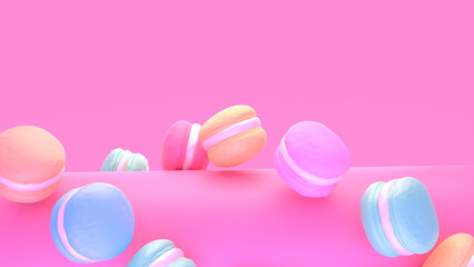 3d rendered colorful sweet rolling macarons.