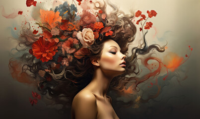 Surreal Portrait of Woman with Blooming Flowers and Abstract Elements as Thoughts