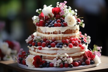Selective focus photo of a delicious white wedding cake with red fruits, flowers a, generative IA