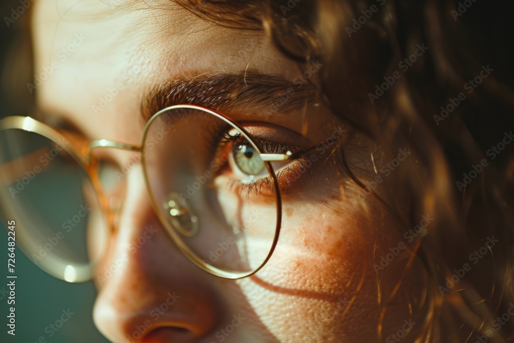 Poster a detailed view of a person wearing glasses. suitable for various uses
