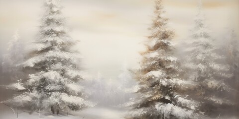 Winter cold snow xmas new year vibe pine trees under snow. Plant foliage background in vintage grey