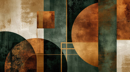 Abstract background in artistic Bauhaus style, combining earth tones of sepia, fern green and copper with organic and geometric shapes