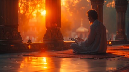 Man Sitting on Ground Reading a Quran with sunset