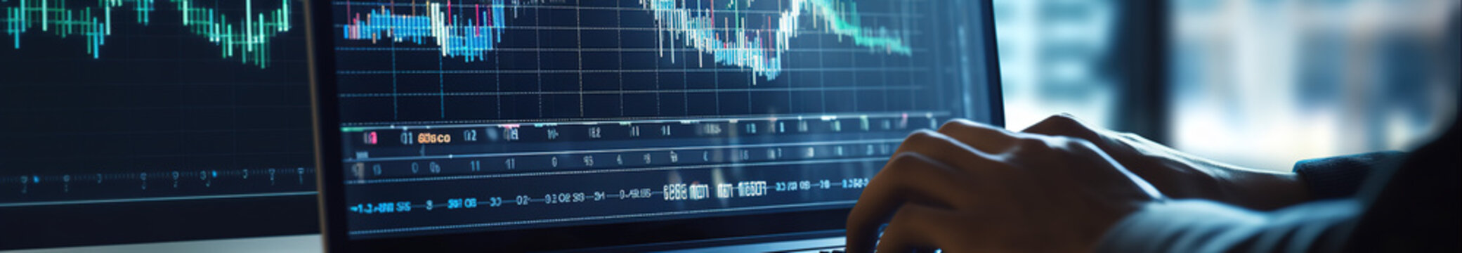 Panoramic view businessman's hands typing on a laptop, displaying various dynamic data.