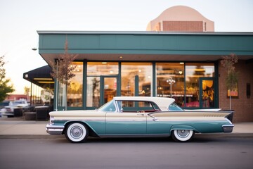 classic car parked outside a 50sstyle eatery - obrazy, fototapety, plakaty