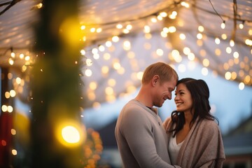 Fototapeta premium evening shot of couple beneath a canopy of fairy lights