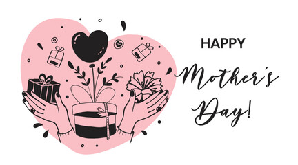 Vector Mother's Day card, doodle style, flowers, carnations, gifts and hearts, symbols of love and care.