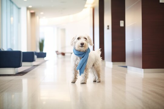 dog with a blue scarf pacing in an empty corporate lobby