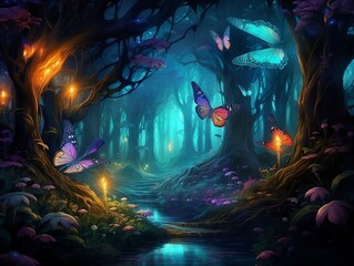 Fairy forest path with colorful butterflies