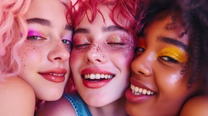 Fototapeta premium A horizontal closeup captures the allure of multicultural women wearing glitter makeup against a pastel-colored setting.