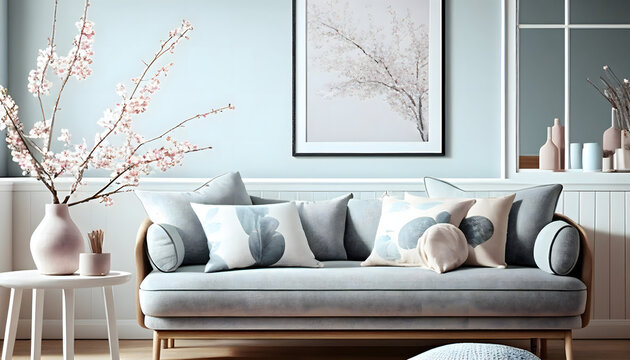 Modern spring scandinavian living room interior. Wooden picture frame, poster mockup. Sofa with linen pale blue striped cushions. Cherry plum blossoms in vase. Elegant stylish minimal . Generative AI.