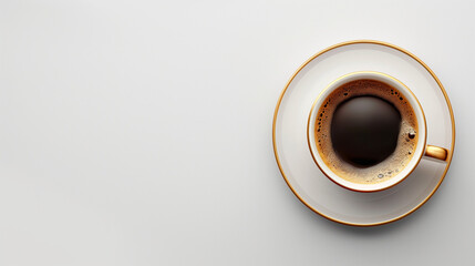 Coffee cup on a white table, isolated, with a saucer and a black espresso, perfect for a morning break