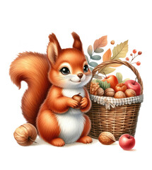 Cute squirrel with nuts, basket of autumn fruits. Watercolor illustration isolated on transparent background