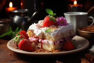 Piece of strawberry cake with whipped cream and fresh strawberries, generative IA - obrazy, fototapety, plakaty