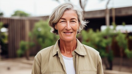 Fototapeta premium A senior gardener proudly stands by her thriving plants.