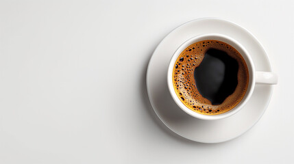 White coffee cup on isolated white background with saucer, black coffee, and a hint of brown, representing a hot and aromatic beverage perfect for breakfast or a morning break