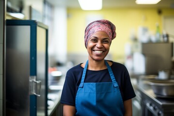 cheerful food service staff member wearing a hairnet and apron