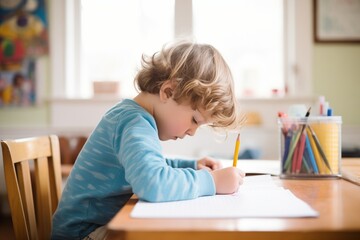 child at desk practicing handwriting in lined notebook - obrazy, fototapety, plakaty