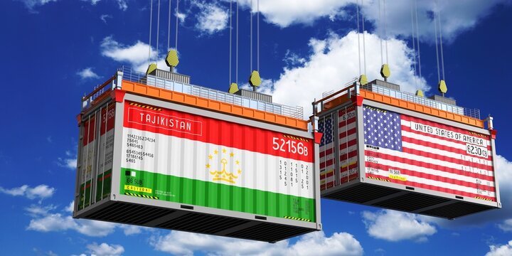 Shipping containers with flags of Tajikistan and USA - 3D illustration