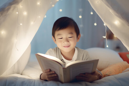 Close up little asian boy lies on the bed reading a book in the sunlight from the window. Concept of children's pastime, learning, hobby