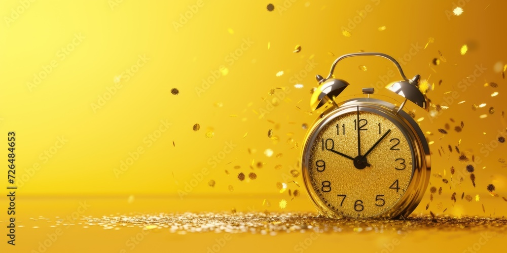 Poster an alarm clock sitting on top of a table covered in confetti. perfect for celebrating special occasi