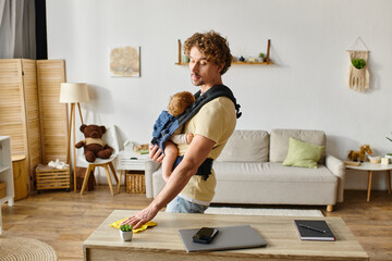 curly father with infant son in carrier wiping table with yellow rag near gadgets and tiny plant