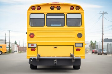 tail view of a yellow special needs bus showing hazard lights