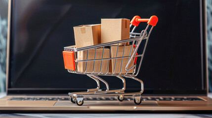 A small shopping cart filled with cardboard boxes on a laptop keyboard, representing the concept of online shopping and e-commerce.