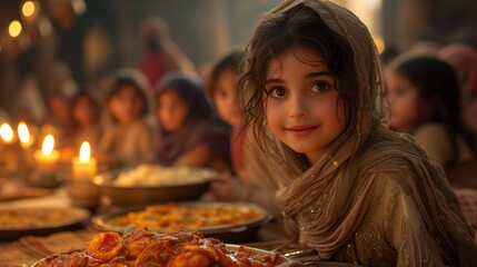 Little Girl Sitting in Front of a Table Full of Ramadan Food - obrazy, fototapety, plakaty