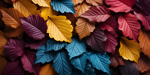 Autumn background red yellow green leaves on a wooden brown background Colorful fall leaves, a seasonal canvas.
