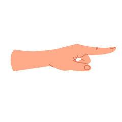 The icon of the hand pointing in the direction. Side view. A human hand with an index finger is pointing at something. Touch, tap, or click. Vector illustration with a gesture on a white background