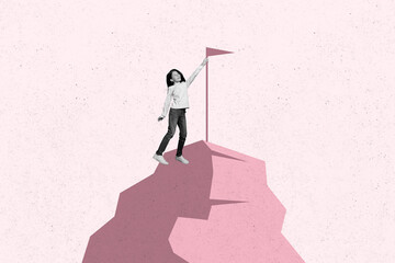 Photo cartoon comics sketch collage picture of happy smiling kid rising top achieving success...
