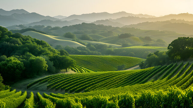 A photo of rolling hills, with lush green vineyards as the background, during a serene afternoon