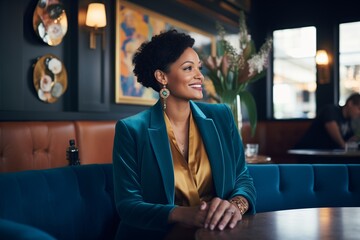 woman in a velvet blazer chatting at clubs lounge area - obrazy, fototapety, plakaty
