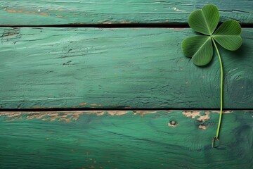 Fototapeta premium Green clover leaves on green old wooden background top view with copy space, st patrick's day celebration concept in Ireland