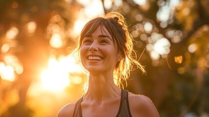 Active Woman Smiling During Sunset Run.Radiant young woman with a beaming smile enjoying an evening run in a sunlit park, embodying health and happiness.