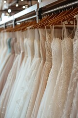 Wedding dresses displayed on a rack, ready for the big day. Perfect for bridal shops, wedding planning websites, and fashion magazines