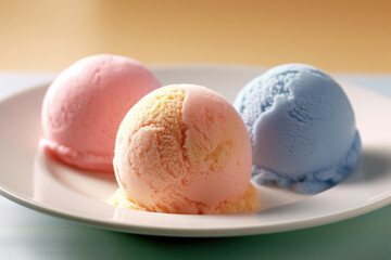 Three Scoops of Ice Cream on a White Plate - Generative AI