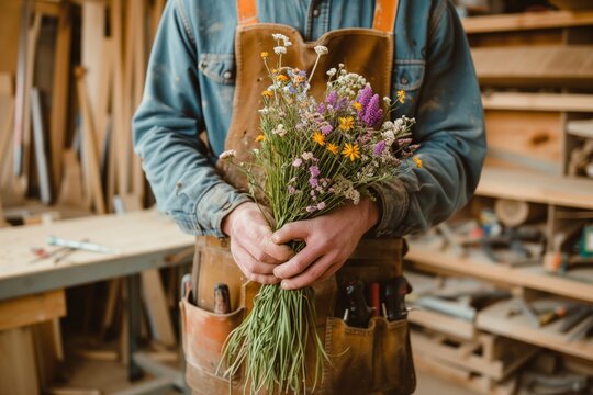 carpenter dogman holding a bunch of wildflowers in a woodshop