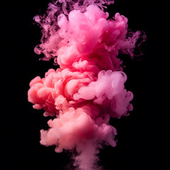 Magenta and pink fluffy pastel ink smoke cloud against black background, ai technology