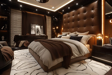 A luxurious brown and white bedroom with high-end furnishings and a touch of glamour. Created with generative AI.
